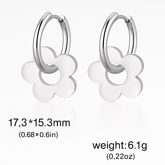 925 Sterling Silver Hoop Earrings with Silver Flower Charm - Picture 3 of 3